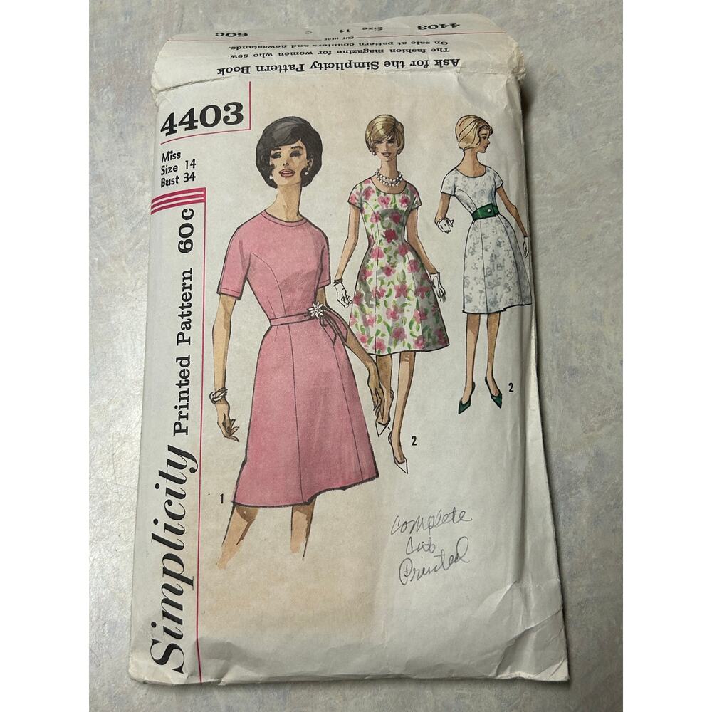 Vintage 1960's Simplicity Pattern #4403 Jr./Misses One‎ Piece Dress Size 14